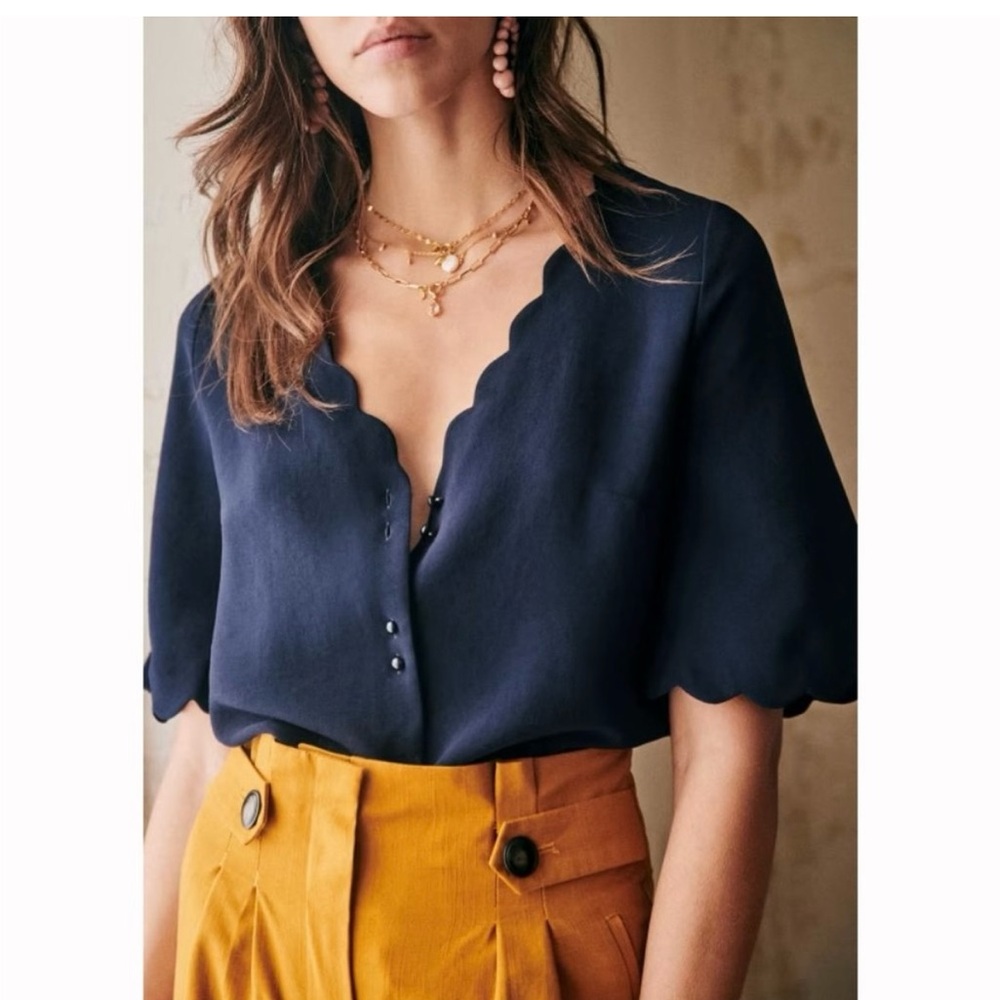 Sezane Navy Scalloped V-Neck Blouse